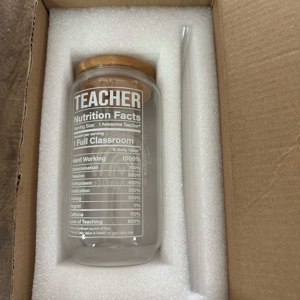 NEW Teacher Glass Cup Tumbler with Bamboo Lid